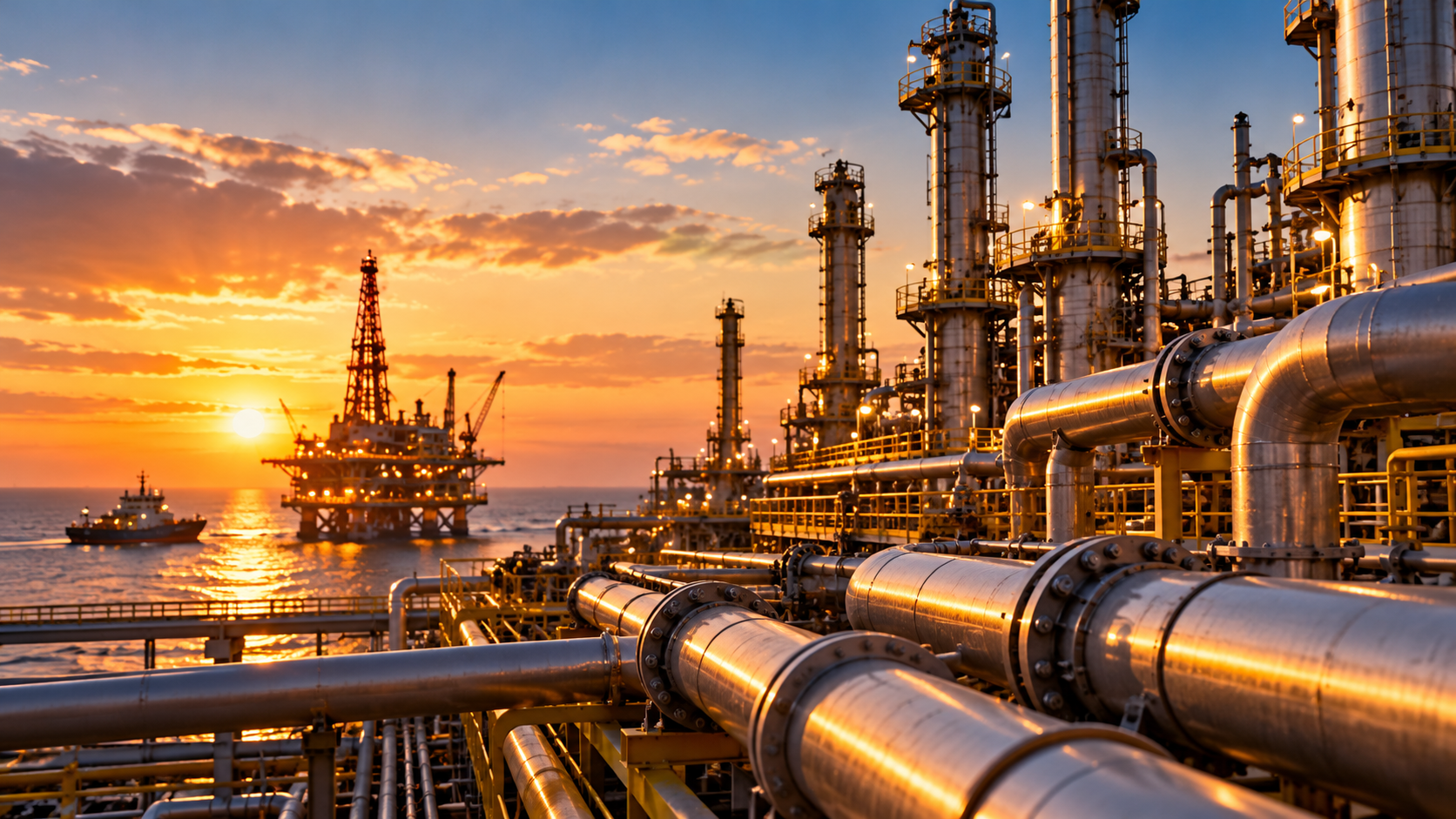 Energy infrastructure and pipelines at sunset