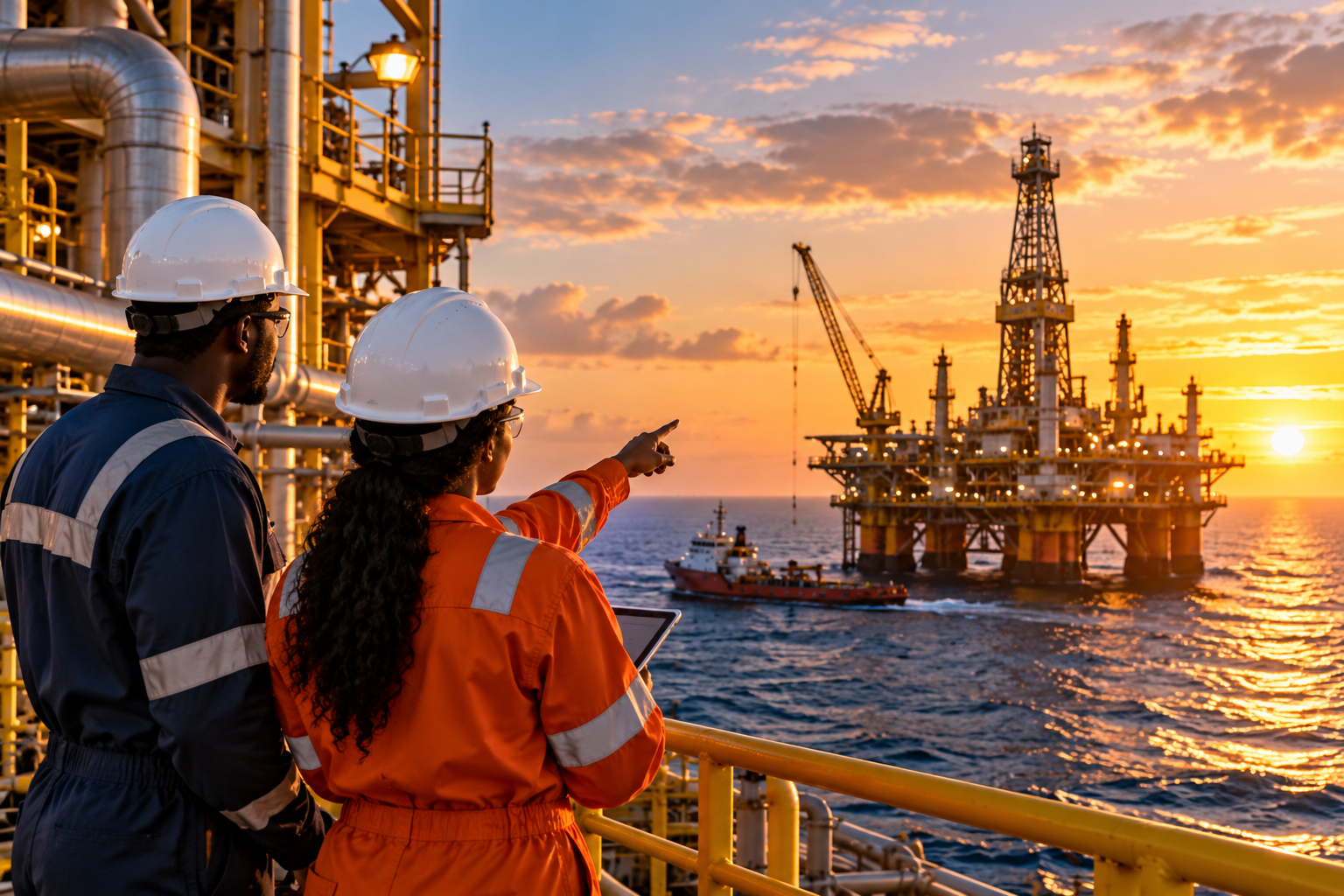 Two energy professionals looking towards an offshore platform at sunset